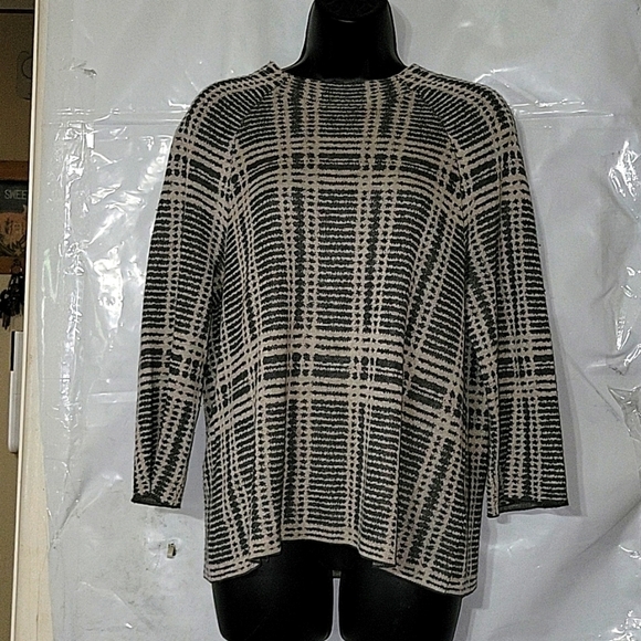 EILEEN FISHER 3/4 SleeveWindowpane Boatneck Sweater Designer S/P Grey Tencel Bld - Picture 1 of 6